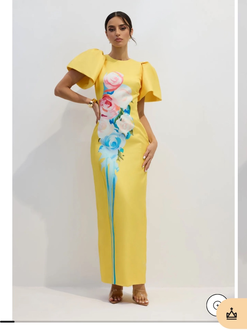 Yellow Floral Column Dress with Flutter Sleeves
